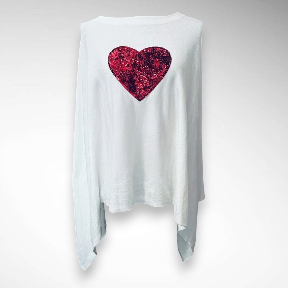 VICTORIA HARBOUR One Size Large Red Sequin Heart White Sweater Poncho | NWT